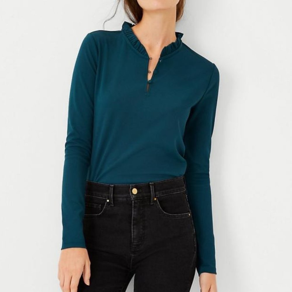 Ann Taylor Women's Button Ruffle Neck Top, Ominous Teal, size XS EUC